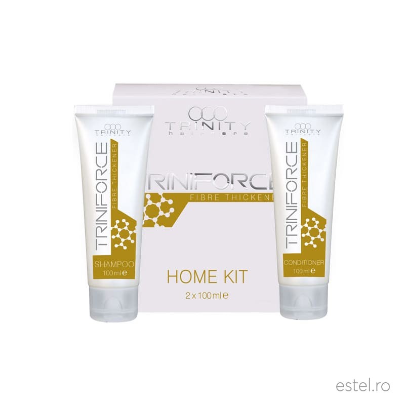 Set post tratament Botox cu colagen si acid hialuronic pentru par fin si slabit Triniforce Fibre Thikener Trinity Haircare, 2x100 ml